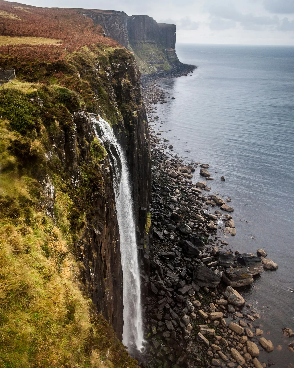 A waterfall falling from sea cliffs into the water below on the Isle of Skye
